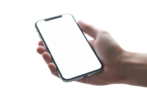 Hand holding a modern smartphone with a blank white screen isolated on transparent background, showcasing technology and connectivity