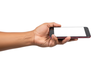 Hand holding smartphone with blank screen isolated on transparent background, perfect for showcasing app or website design