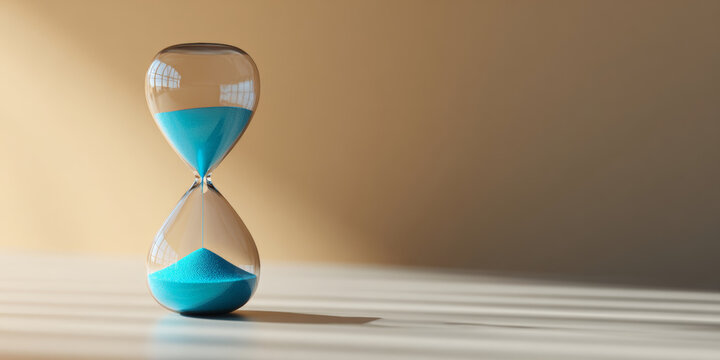 A sand timer with blue grains of sand is shown on a table, against a beige background