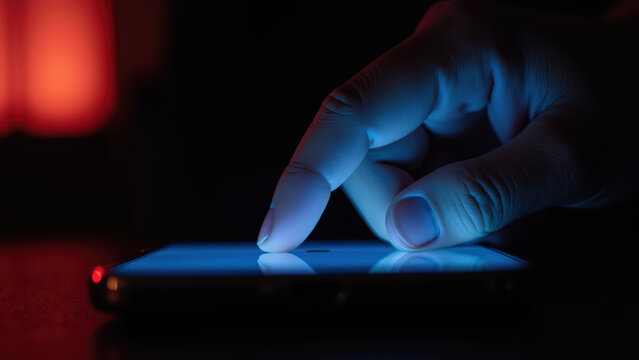 Hand interacts with smartphone screen, illuminated by soft blue light, creating modern and tech savvy atmosphere