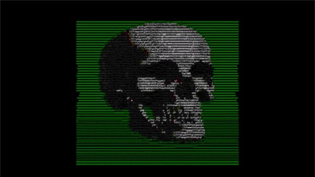 Rotating ASCII Code Skull Retro Hacking Background