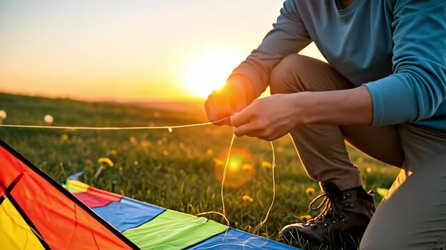 A Young Individual Assembles a Colorful Kite in a Lush Green Field During a Stunning Sunset, Capturing the Joy of Outdoor Hobbies and Nature.