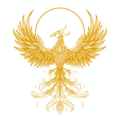 Fototapeta premium Majestic Golden Phoenix Illustration with Ornate Wings and Tail – Mythical Bird, Symbol of Rebirth and Power