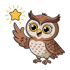Fototapeta premium A cute cartoon owl is holding a shiny star.