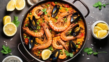Seafood paella ready to eat served in a paella pan, top-down view