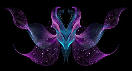 Abstract, symmetrical, swirling, butterfly-like design in vibrant purples, pinks, and blues, against a black background