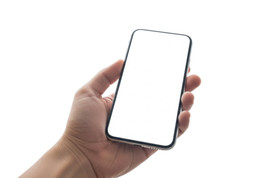 Hand holding smartphone with blank screen isolated on transparent background for mockup template advertising design