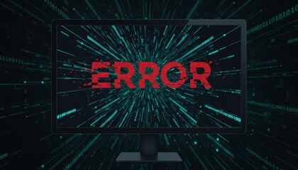 Computer screen showing a prominent red 'error' message with a pixelated effect, surrounded by streaming binary code and digital data, representing a system technical issue