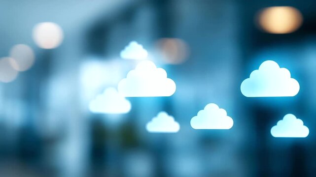 Digital FTP file transfer system with cloud icons defocused, faceless document protocol, data exchange visualization, blurred technology background, backup system detail, file shar