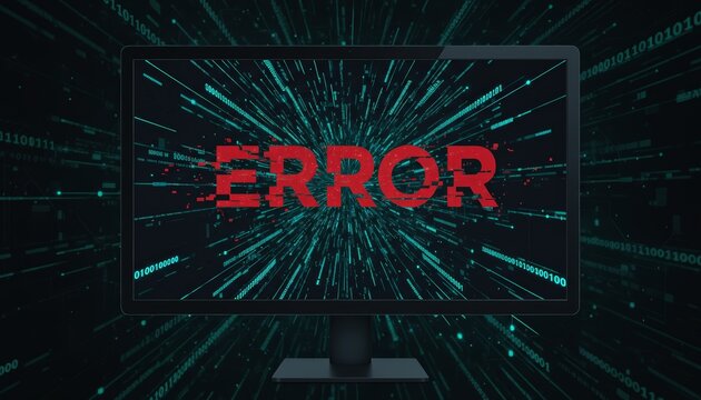 Computer screen showing a prominent red 'error' message with a pixelated effect, surrounded by streaming binary code and digital data, representing a system technical issue