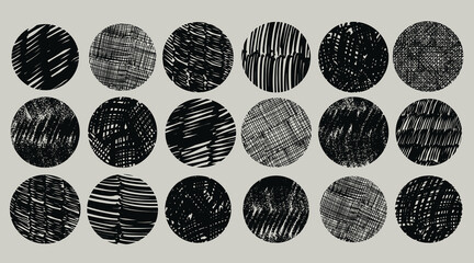 Set of abstract black round backgrounds with hand drawn doodle circles, spots, drops and curved lines. Modern trendy vector design for posters, social media icons, patterns and contemporary art.