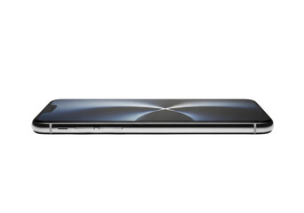 Sleek smartphone lying flat isolated on transparent background, showcasing its slim design and modern aesthetic appeal for tech enthusiasts
