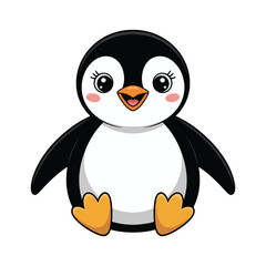 A cute cartoon penguin sits with its feet spread wide.