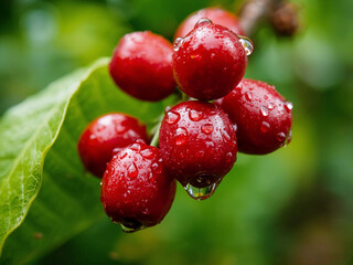 Cluster of red berries with water droplets on branch and green leaves, garden setting in natural light, macro closeup for organic produce themes.