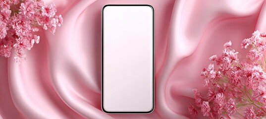 Cellphone device mockup on romantic valentine theme background. Generative AI technology.	
