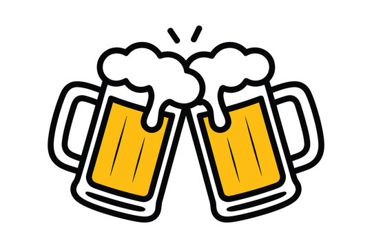 Two Beer Mugs Clinking Color Vector Illustration Cheers Toast Design