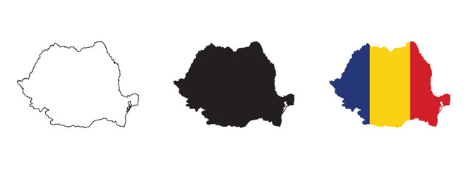 Romania map vector set with editable country outline black silhouette and national flag design featuring blue yellow and red vertical stripes isolated on white background for geography and education