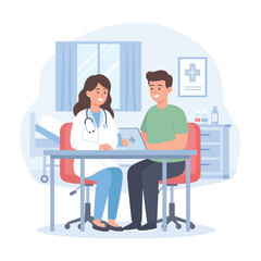 flat modern 2D vector illustration of a doctor consulting with a patient, friendly atmosphere, medical equipment, hospital room, health checkup