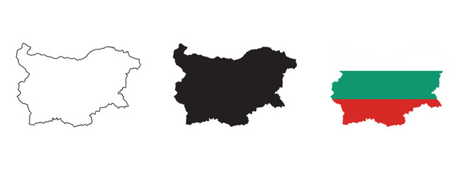 Bulgaria map vector set with editable country outline black silhouette and national flag design featuring white green and red horizontal stripes isolated on white for geography travel and education