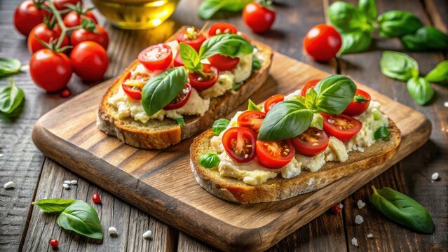 Delicious Creamy Cheese Bruschetta Topped with Fresh Tomatoes and Basil on Rustic Wooden Board
