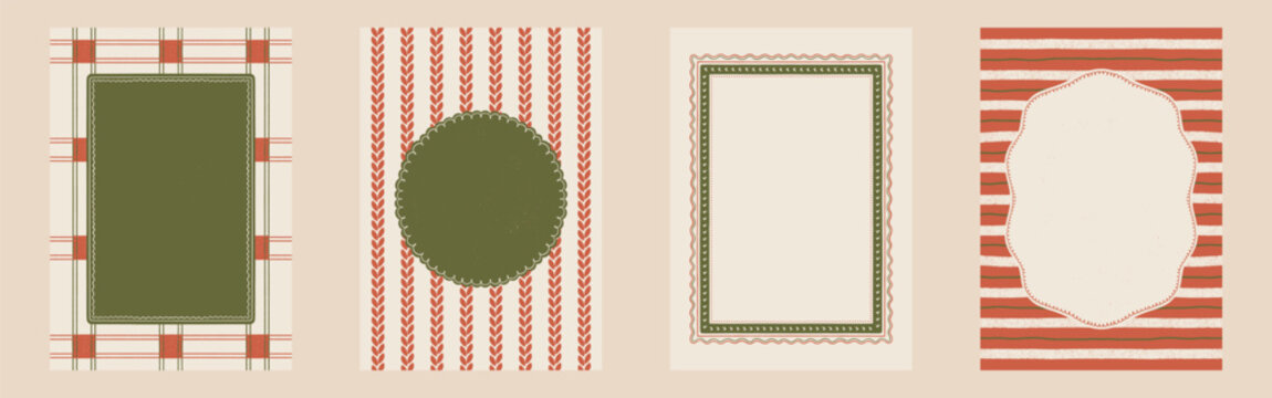 Set of 4 decorative hand-drawn holiday retro frames and borders in a whimsical sketch style for Christmas cards, invitations, and festive projects, vector illustration.