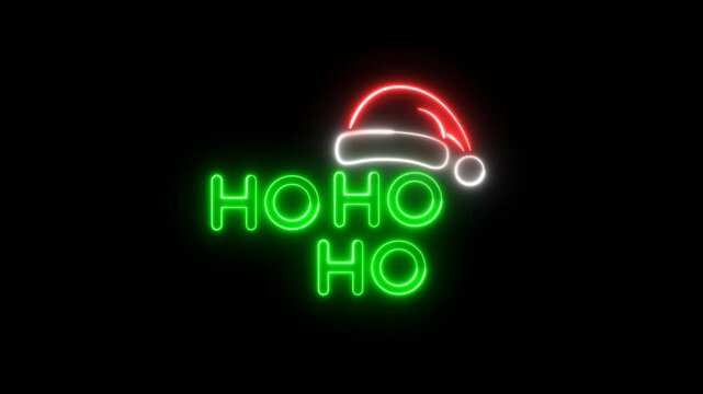 Ho Ho Ho Neon Sign Animation with Santa Hat. Christmas Holiday Loop.