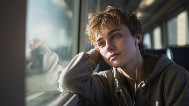 Pensive young person with earphones looking out the window while traveling on a train, daydreaming and listening to music with sunlight on their face, leaning their head on their hand