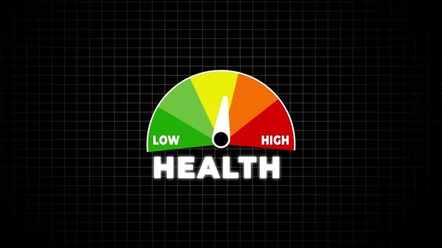 health animated speedometer measuring low to high with chroma black screen background.