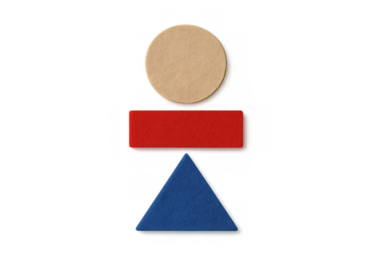 Felt geometric shapes forming a figure on transparent background, symbolizing person, learning, and creativity