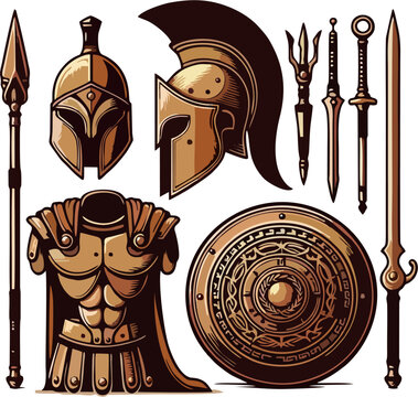 Vintage Spartan Armor and Weapon Set Vector Illustration &ndash; Greek Hoplite Helmet, Shield, Spear, Sword, Dory, and Xiphos Collection