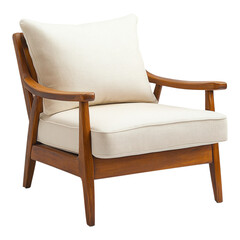 Comfortable modern chair with wooden arms and soft cushion on transparent background