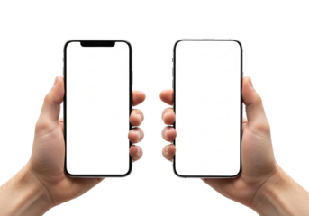 Two hands holding modern smartphone with blank screen isolated on transparent background for mockup template advertising, app design and responsive website, front view and clipping path