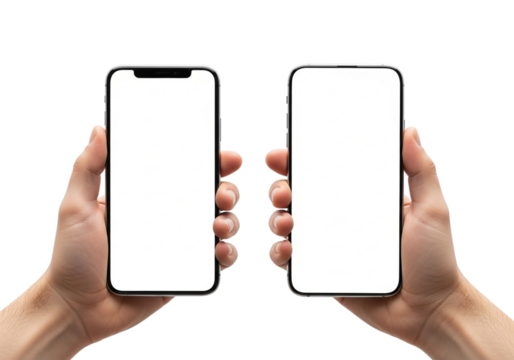 Two hands holding modern smartphone with blank screen isolated on transparent background for mockup template advertising, app design and responsive website, front view and clipping path