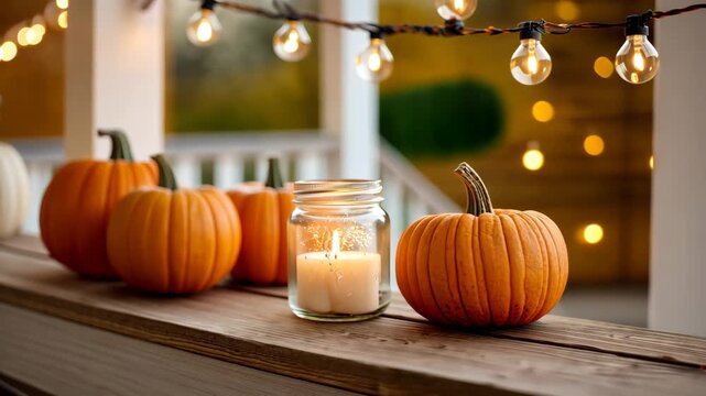 Cozy autumn porch with pumpkins and candlelit lantern under warm string lights