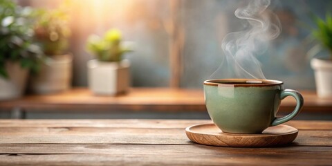 Fototapeta premium Warm beverage in a rustic setting, a steaming cup of comfort on a wooden table with blurred background plants