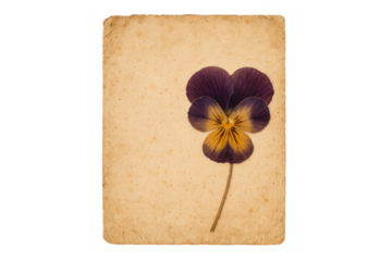 Pressed pansy flower on vintage old paper, rustic herbarium element, collecting botanical specimens, transparent background