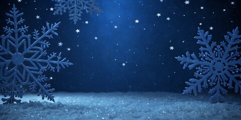 Magical winter night scene with large snowflakes and falling snow illuminated by a soft blue light creating a serene and enchanting atmosphere