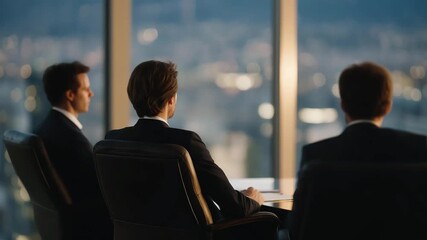Corporate insurance expert meeting business clients in skyscraper boardroom, symbolizing B2B financial protection, global partnerships, and strategic corporate risk management. cinematic color - Powered by Adobe