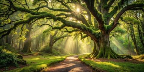 Naklejka premium Sunbeams illuminate a tranquil path winding through a lush forest, ancient moss-covered trees casting long shadows, creating a serene and mystical atmosphere.