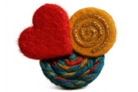 Felted heart, glitter spiral, and colorful knitted yarn craft forming a whimsical design, transparent background