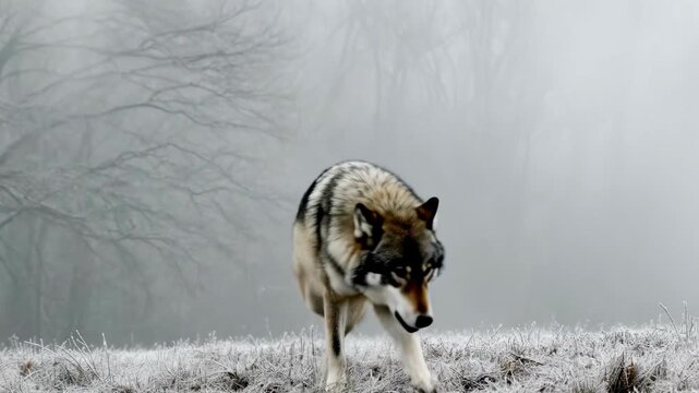 A lone wolf-dog stands on frosted ground amid a misty winter landscape with bare trees, solitary