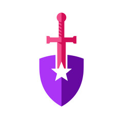 Obraz premium Shield and Sword Icon Representing Defense, Protection, and Strategy in a Vibrant Purple and Pink Color Palette
