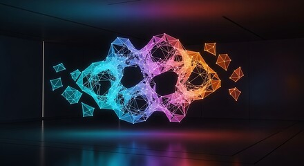 Abstract colorful molecule structure glowing in dark room