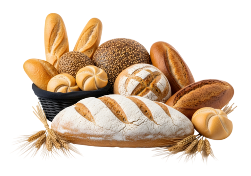 Isolated bread basket with assorted breads , Composition with bread and rolls isolated on white