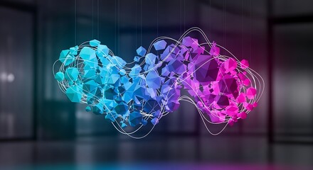 Abstract sculpture with blue and pink gradient light