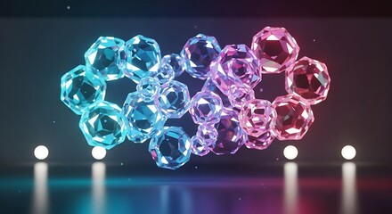 Cluster of glowing crystal spheres with blue and pink light
