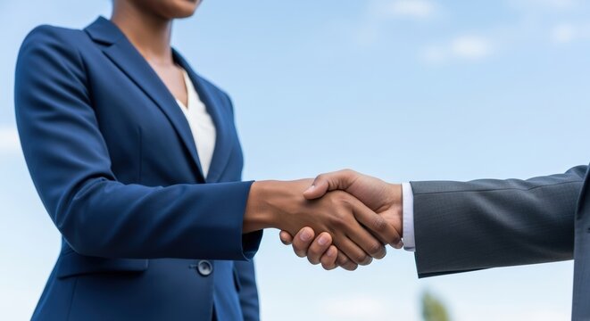 Diverse professional handshake for outdoor partnership