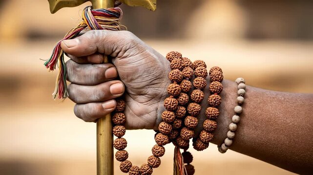 A close-up view of a hand holding a religious staff adorned with prayer beads, showcasing traditional spirituality and cultural devotion in a serene atmosphere.