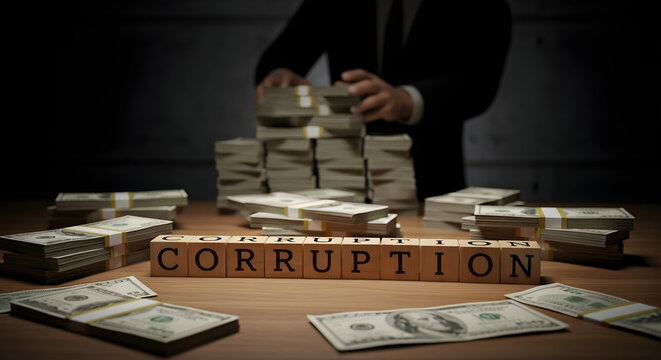 Corruption concept shown with stacks of money and wooden blocks spelling out the word, symbolizing illegal activities and financial dishonesty in business