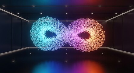 Infinity symbol made of glowing digital particles in a dark room